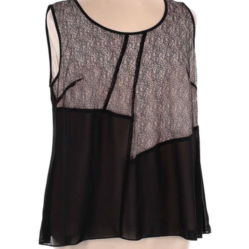 SEJOUR LOVELY LACE DETAILED SLEEVELESS SWING BLOUSE, SZ 16W, BLACK/ BEIGE